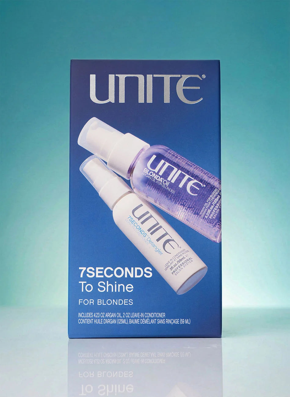 UNITE 7Seconds To Shine for blondes hair care set in its blue retail box, featuring two bottles (hair oil and conditioner) on a teal gradient background.
