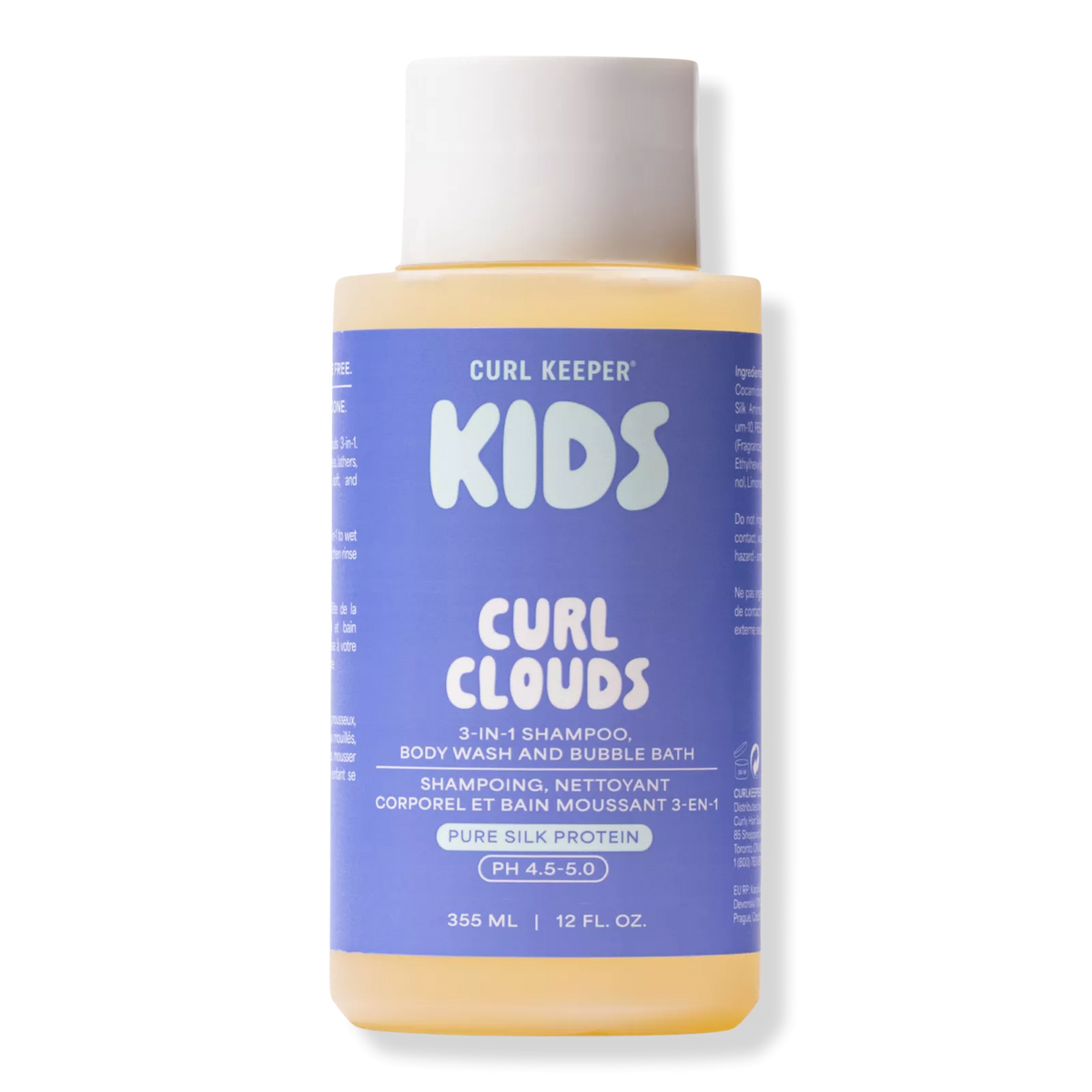A bottle of Curl Keeper Kids Curl Clouds 3-in-1 shampoo, body wash, and bubble bath. The product features a light purple label with white text and a white cap, containing a pale yellow liquid, shown against a plain white background.