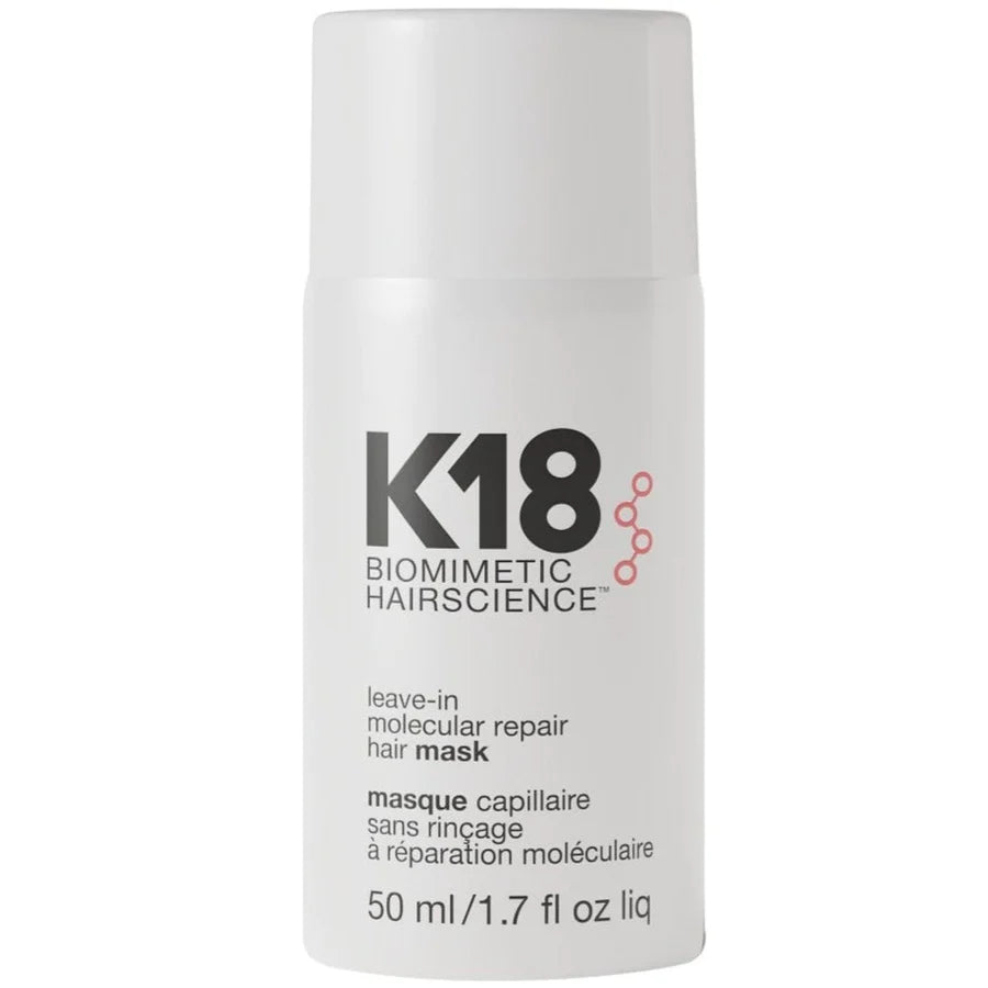 K18 biomimetic hairscience leave-in molecular repair hair mask bottle on a white background