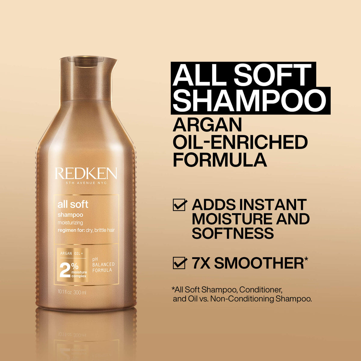 Redken All Soft Shampoo bottle with product details on a beige background