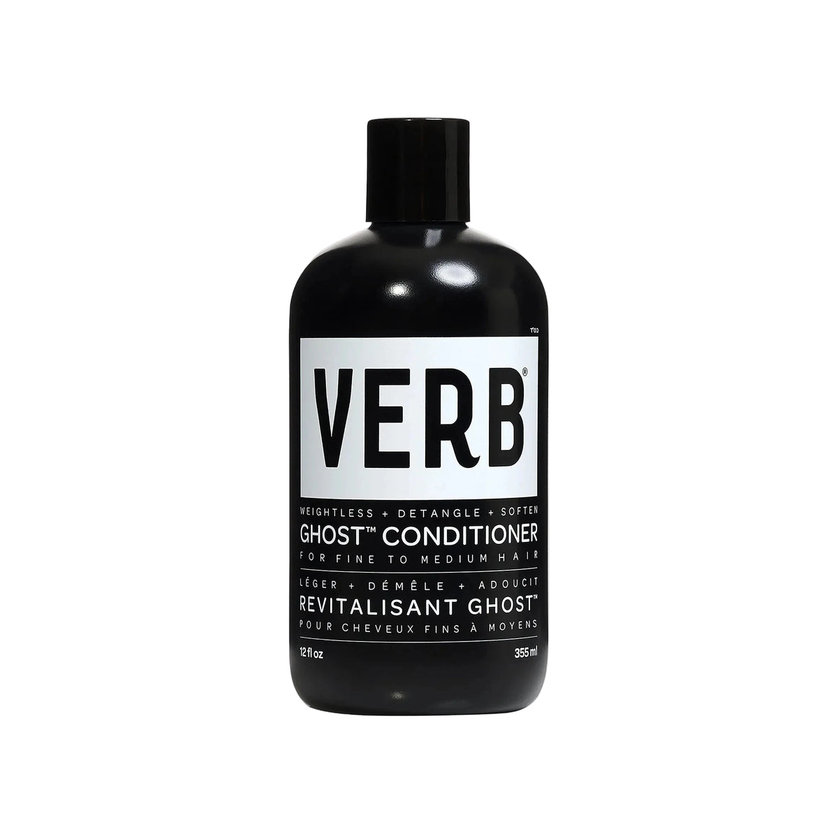 A black bottle of VERB Ghost Conditioner for fine to medium hair, featuring a white label with bold black text, set against a solid light gray background.