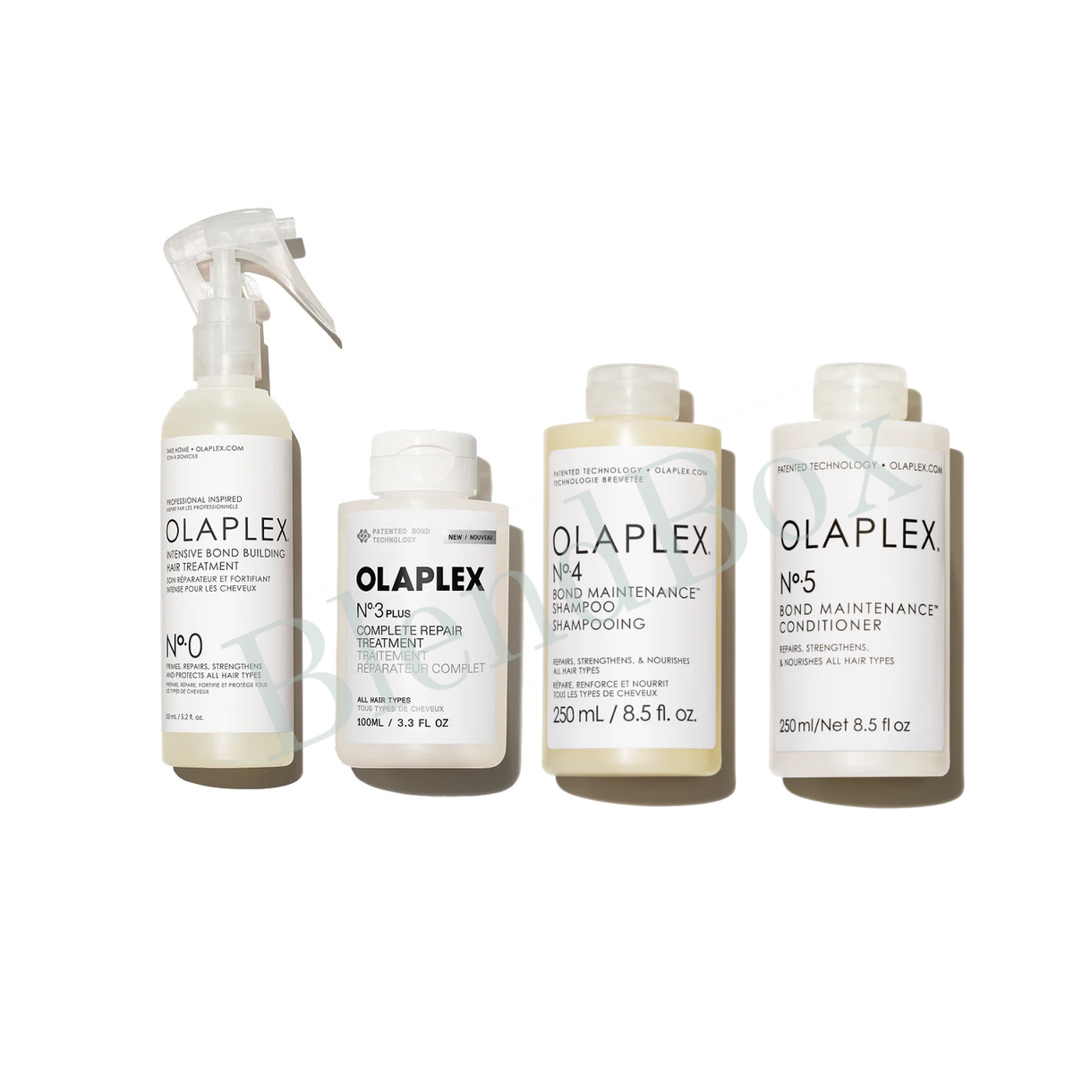 Set of Olaplex hair care products on a white background