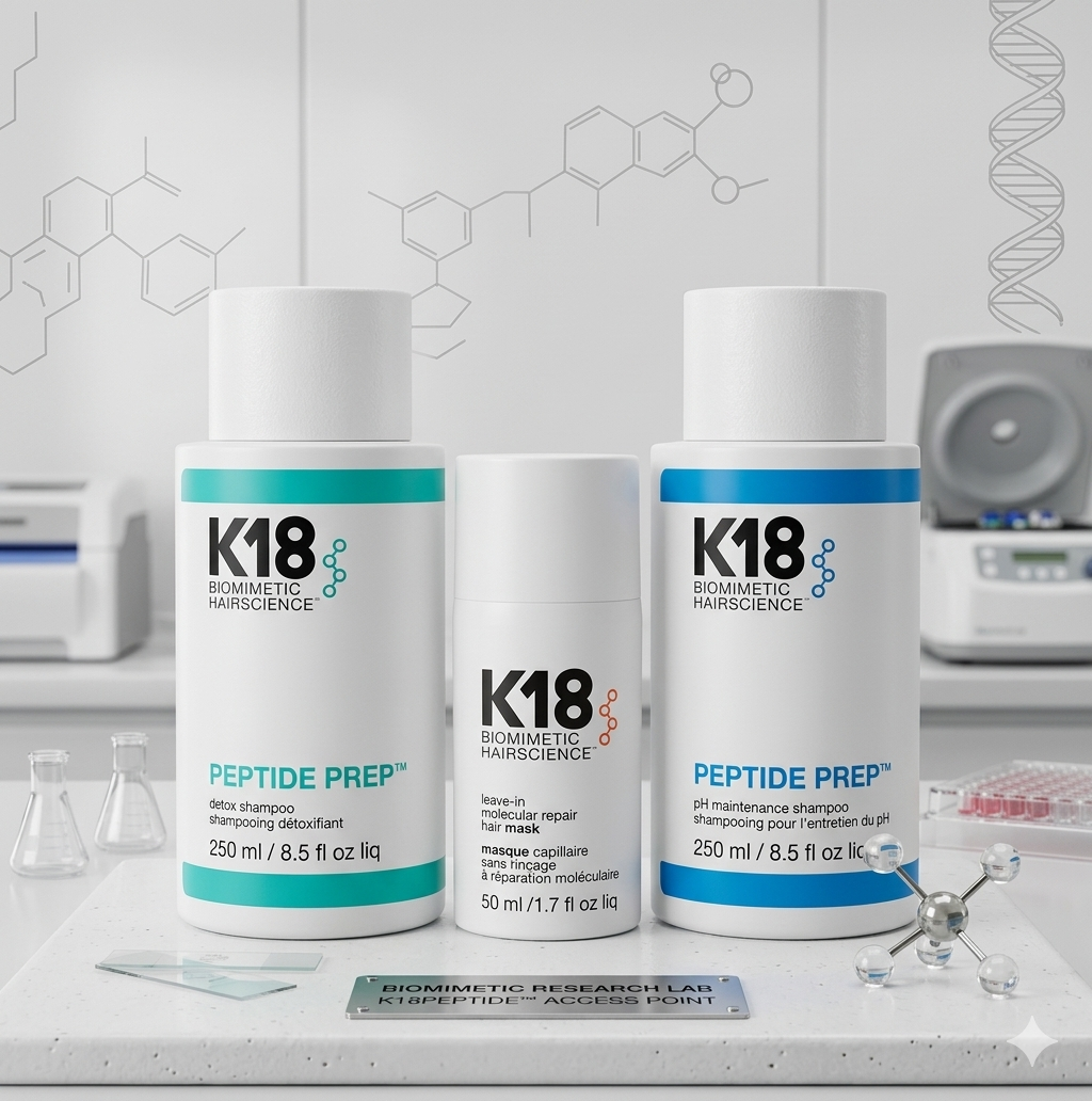 K18 hair care products on a laboratory counter with scientific background
