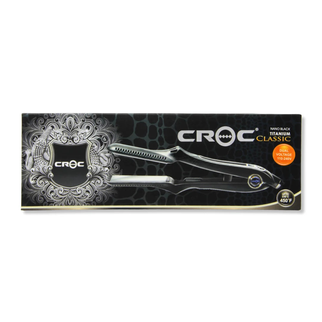Croc Classic black macaroni straightener in its original retail packaging, featuring a black and silver design with an orange temperature badge.