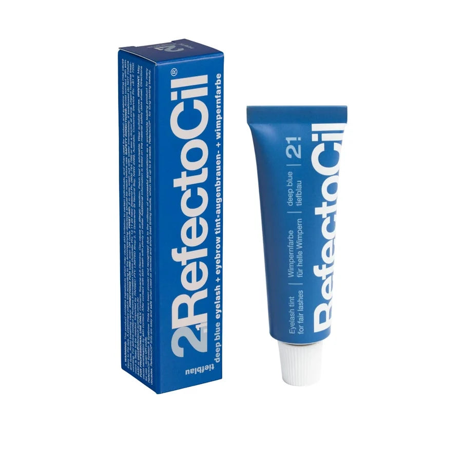 A blue tube and matching box of 2RefectoSil deep blue eyelash enhancer, shown on a plain white background.