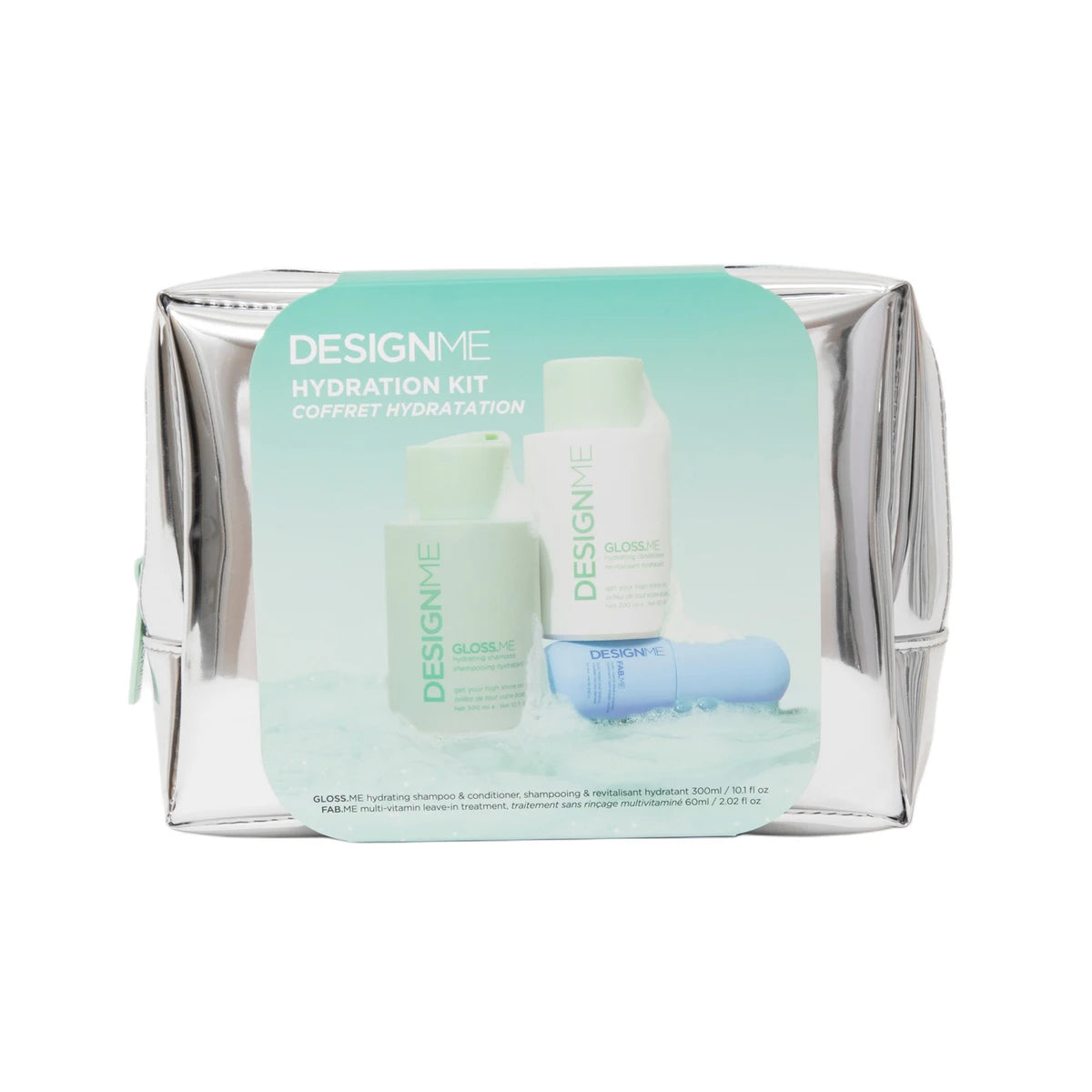 DesignMe Hydration Kit in a metallic silver zippered pouch with a mint green and white label, showing the included bottles and tube.