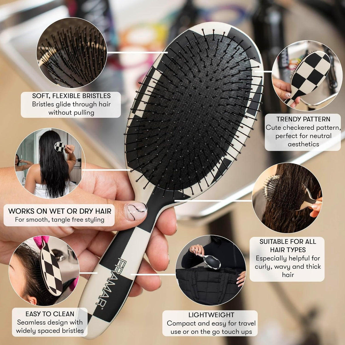 FRAMAR Checked Out Detangler Hair Brush – Wet & Dry Paddle Brush