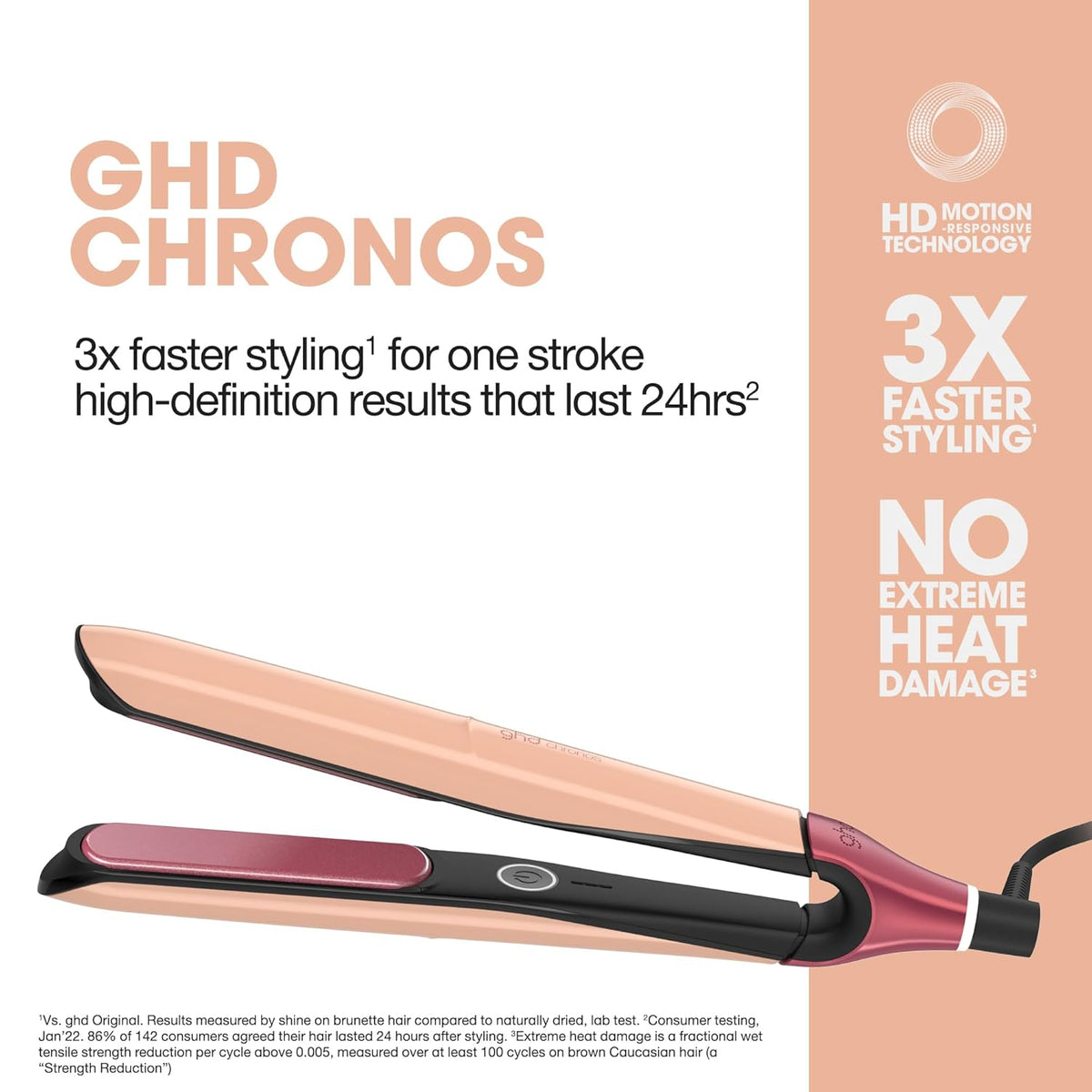 GHD Chronos hair straightener with branding and feature text on a white and beige background