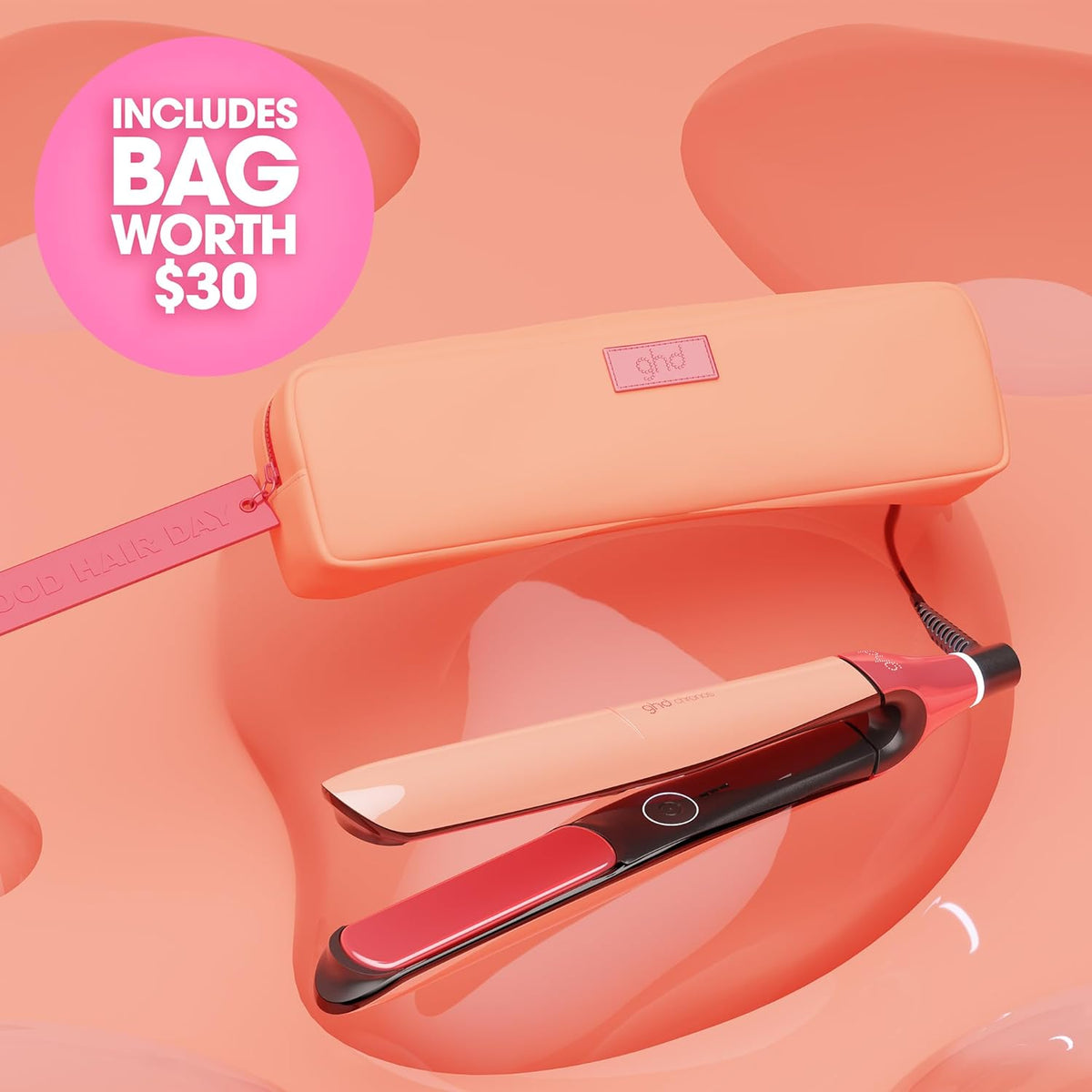 Hair straightener with carrying case on a pink background