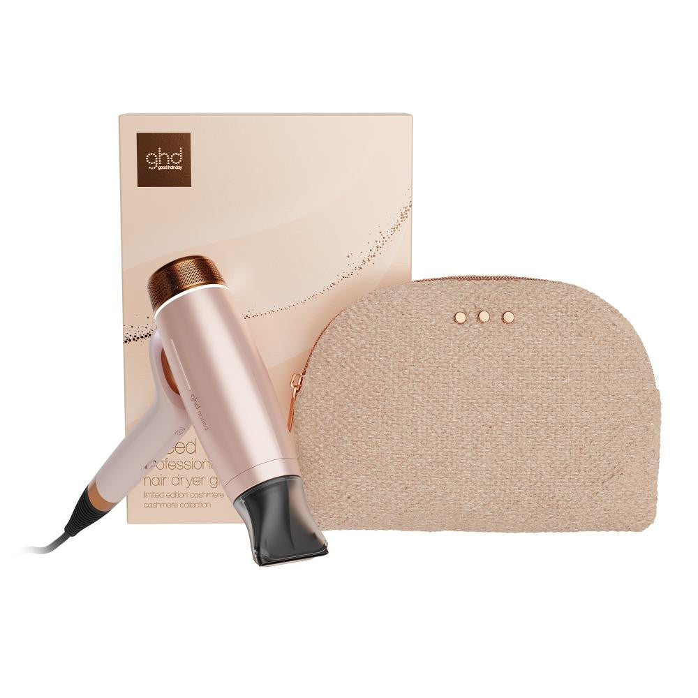ghd Professional hair dryer set in rose gold, featuring the hair dryer, its textured beige zippered pouch, and the original product box on a white background.