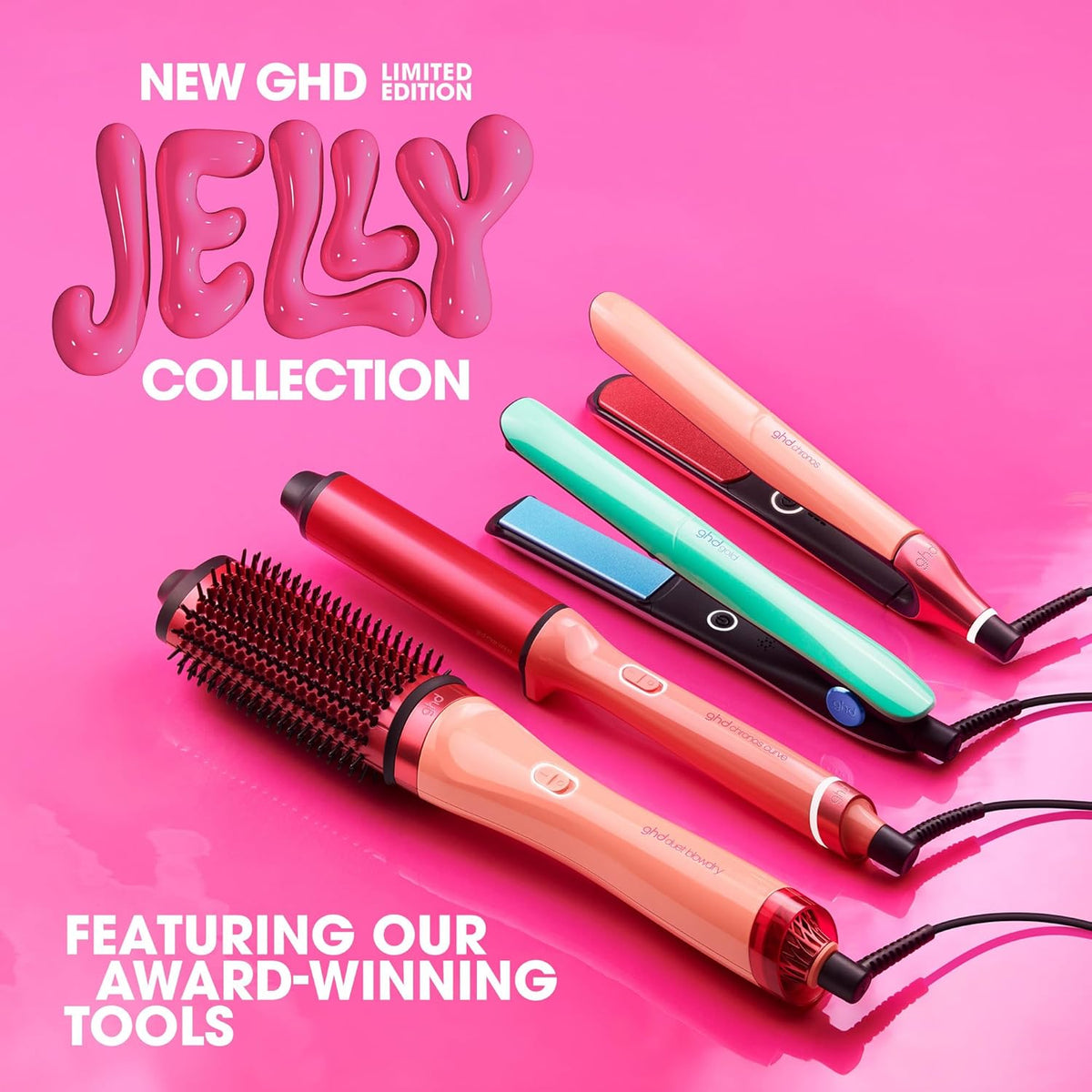 GHÓ hair styling tools on a pink background with 'Jelly' collection text.