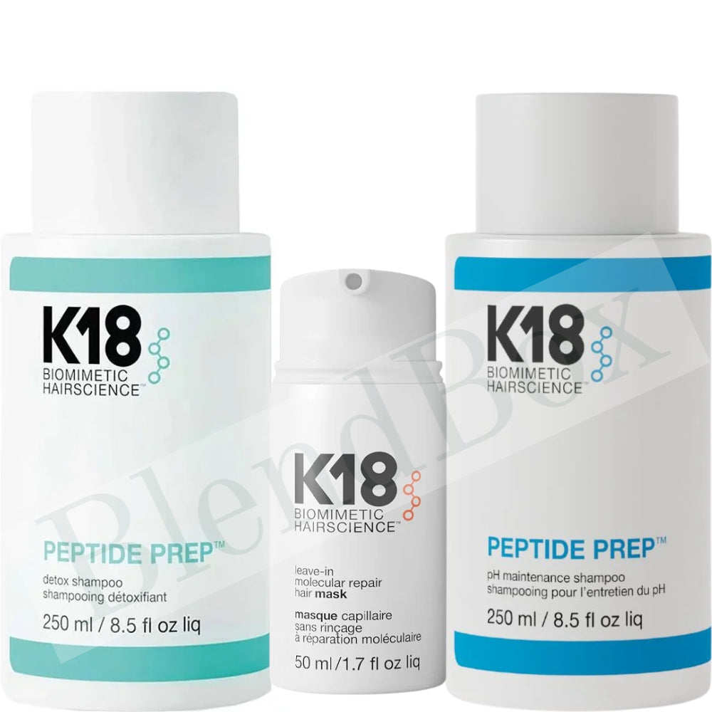 K18 hair care products including shampoo, mask, and peptide prep on a white background