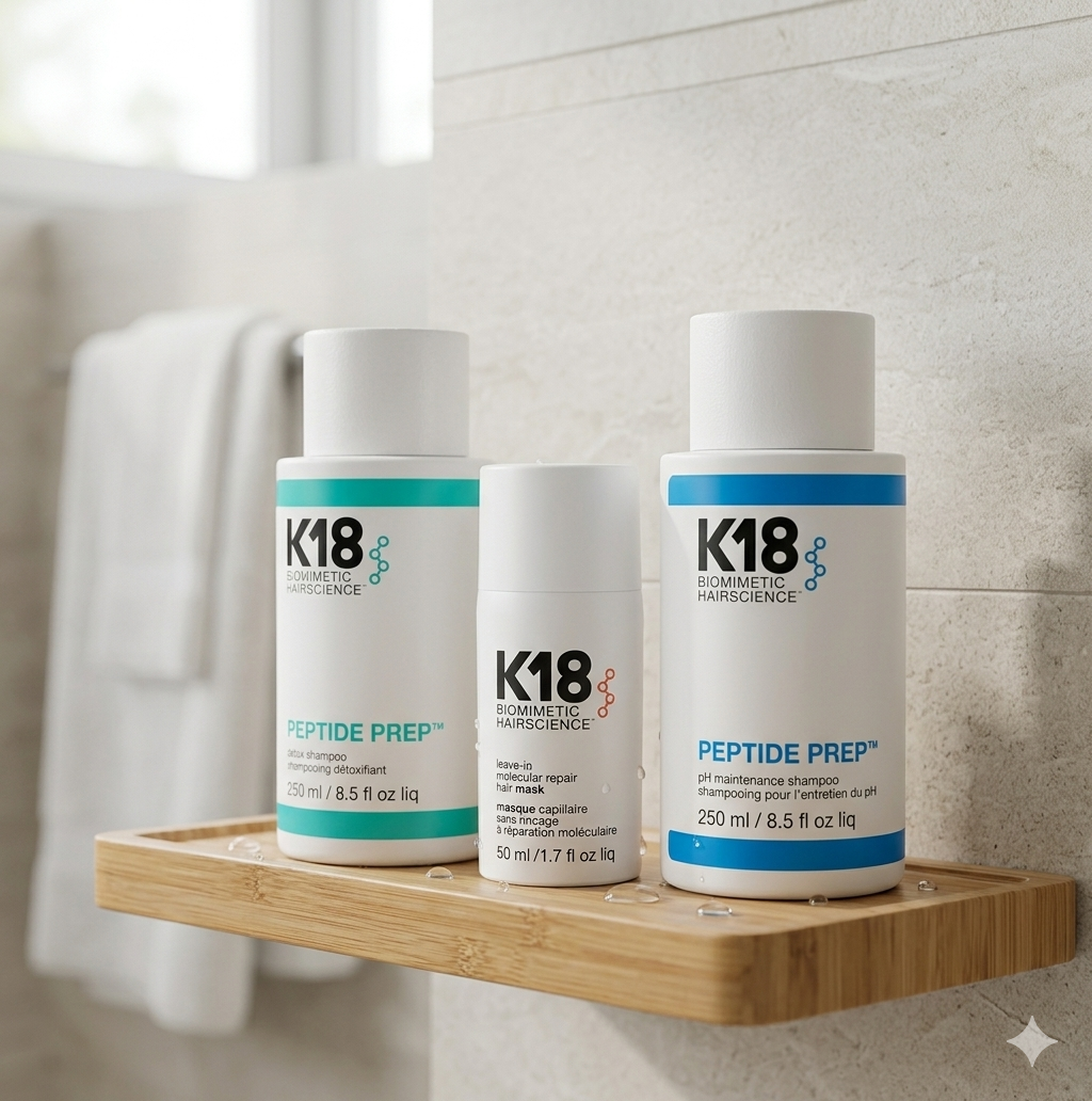 Three K18 hair care products on a wooden shelf against a tiled bathroom wall.