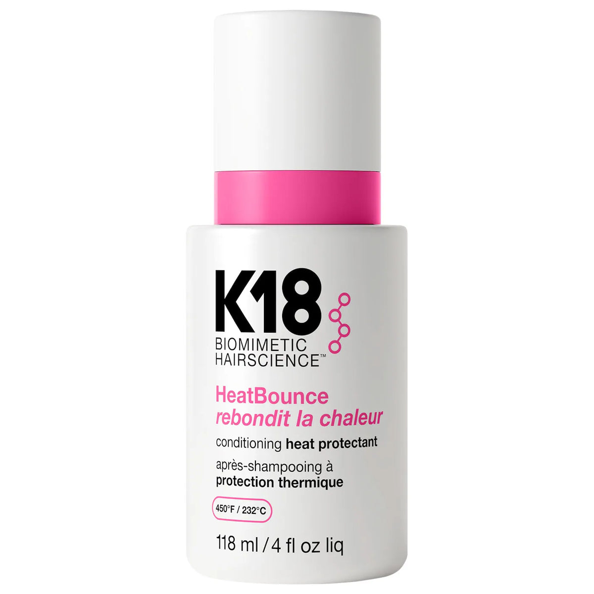 K18 HeatBounce conditioning heat protectant hair product bottle (118 ml 4fl oz liq) on a white background