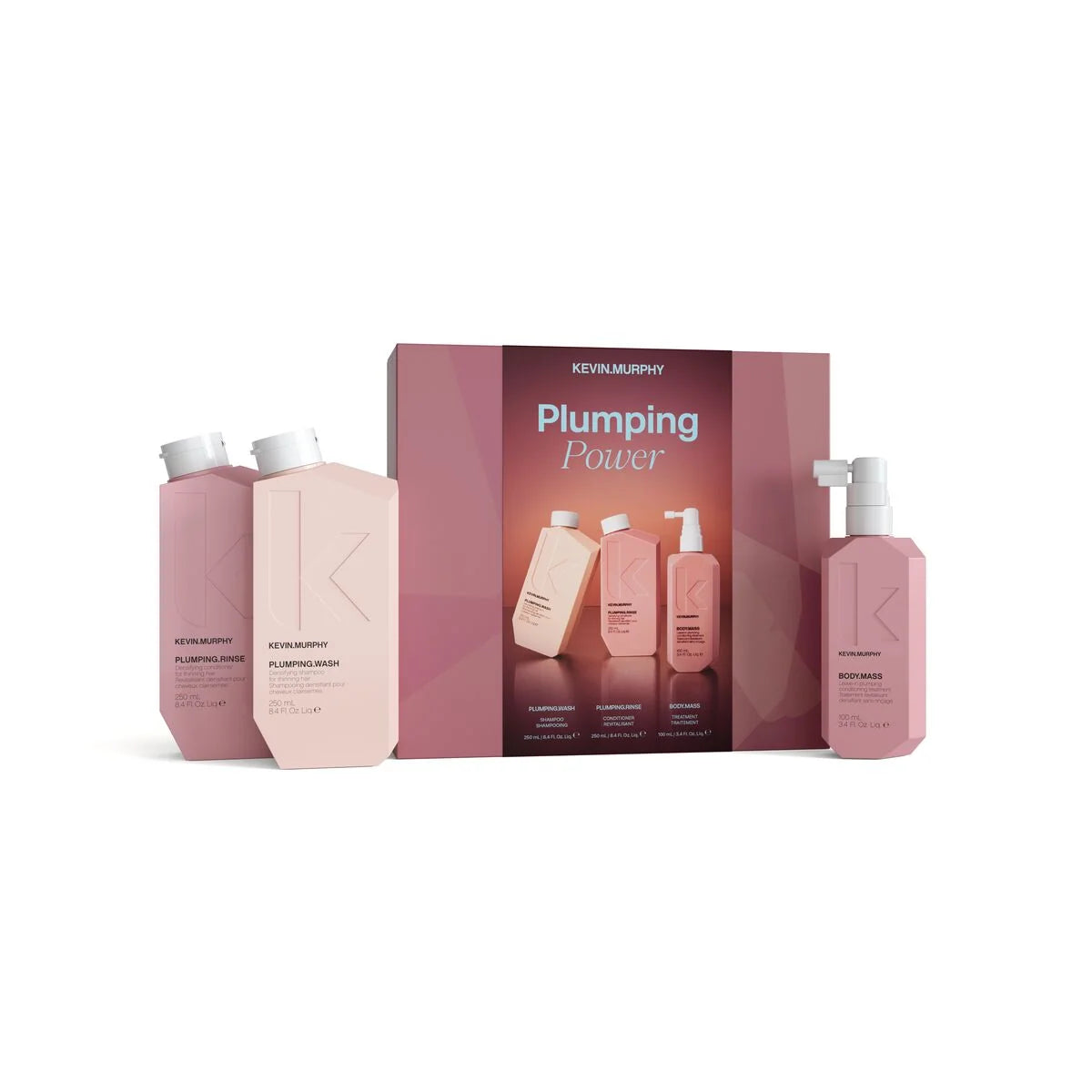 Kevin Murphy Plumping Power hair care set featuring a pink and mauve box with three matching bottles and a pump bottle arranged in front on a white background.