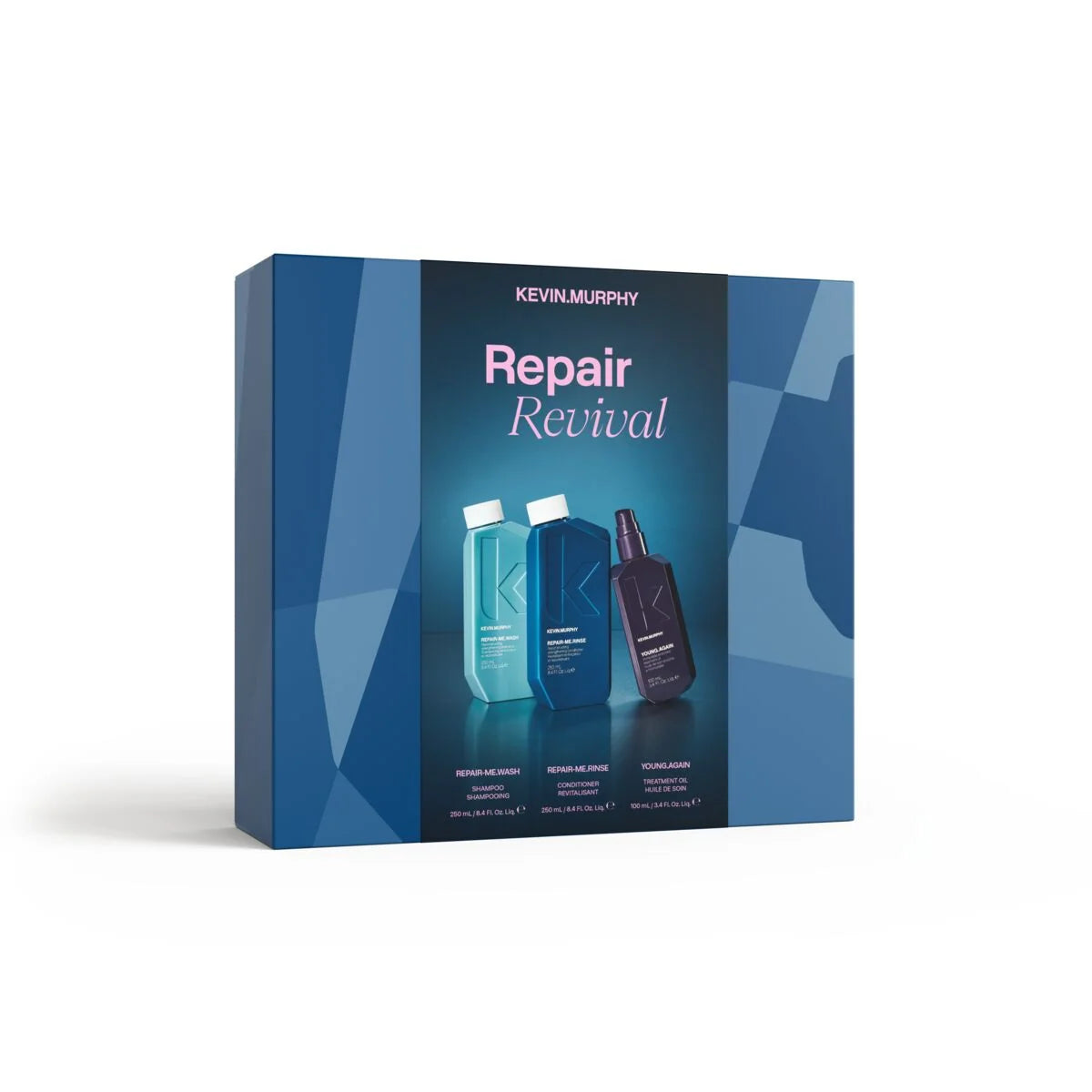 Kevin Murphy Repair Revival haircare product box in blue packaging, featuring three bottles on the front, photographed on a clean white background.