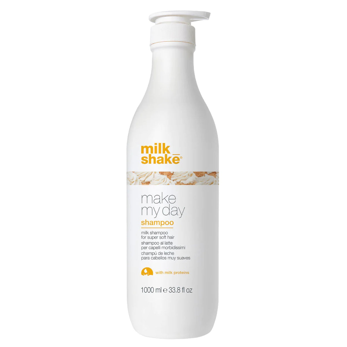 Milk Shake shampoo bottle labeled 'make my day' on a white background