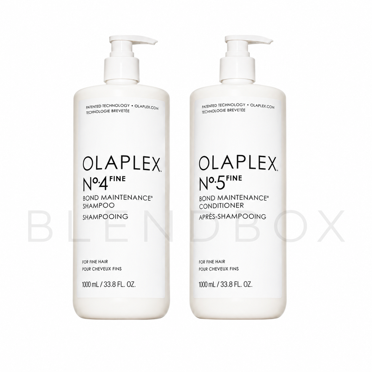 Two white pump bottles of Olaplex No.4 Fine Bond Maintenance Shampoo and No.