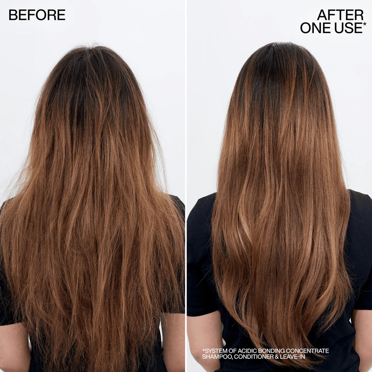Before and after comparison of hair treatment showing improved texture and length.
