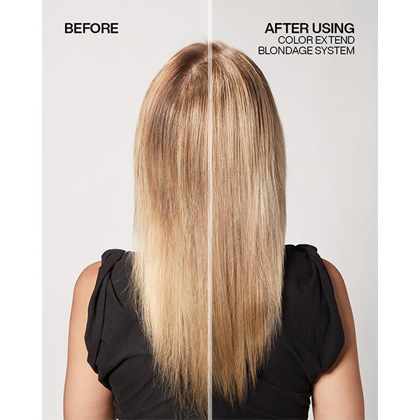 Before and after comparison of hair color using a blonde hair color system.