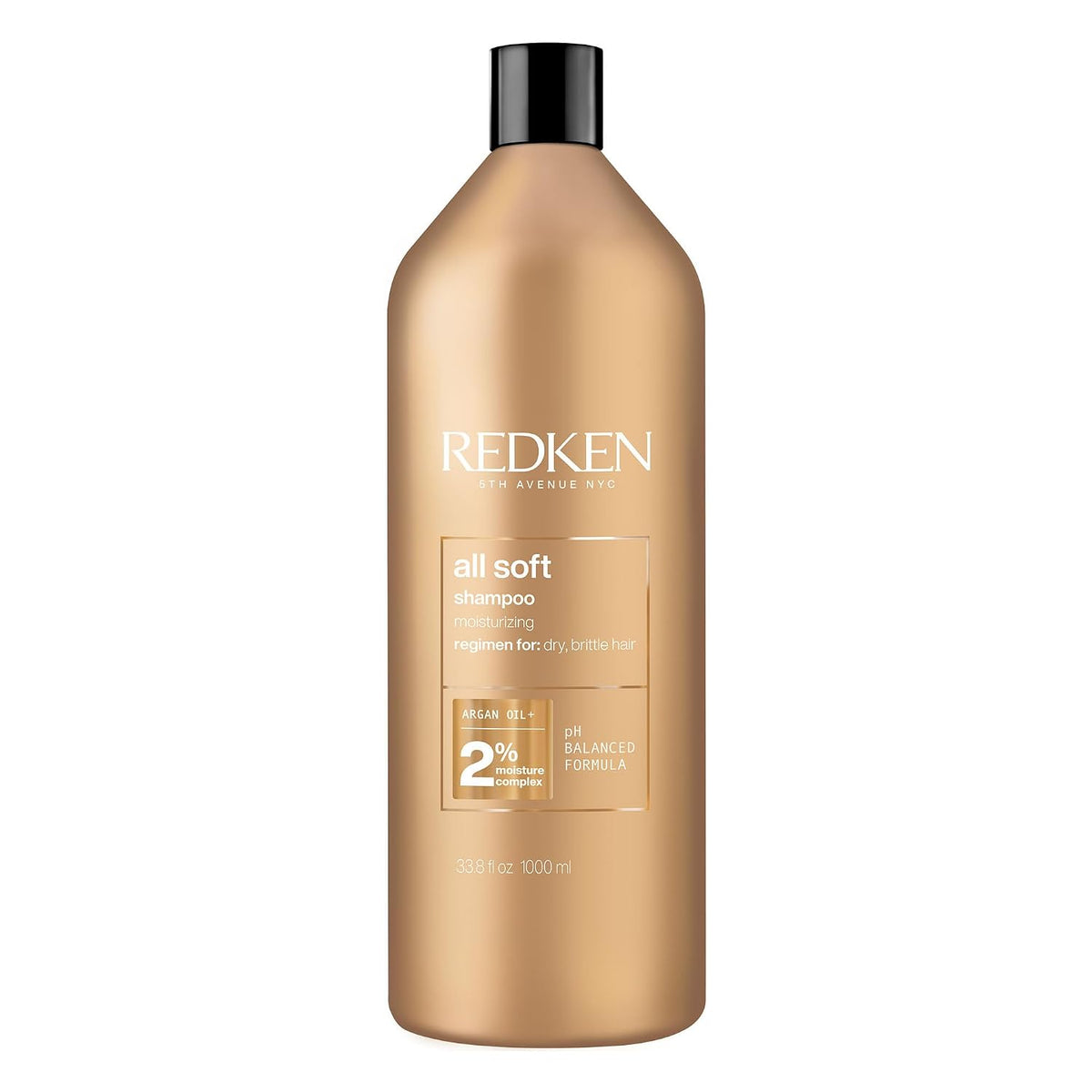 A 1000 ml bottle of Redken All Soft Shampoo, featuring a metallic gold body and a black cap, set against a plain white background.