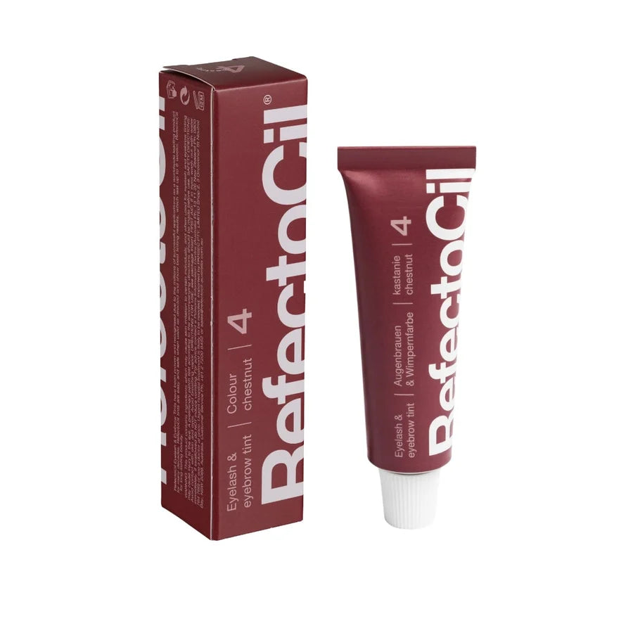 A tube and box of BefeCil Eyelash & Eyebrow Tint in Colour Chestnut shade 4, shown on a plain white background.