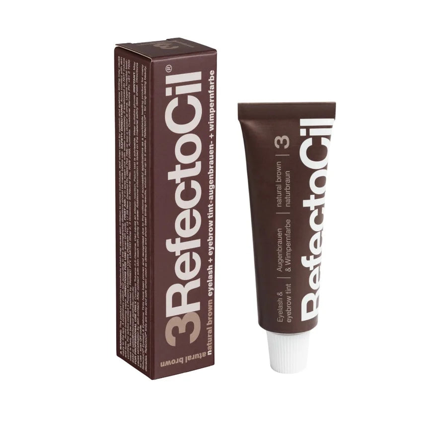 A brown cosmetic tube and matching box for 3Reactoil Eyebrow Gel in natural brown, shown on a plain white background.