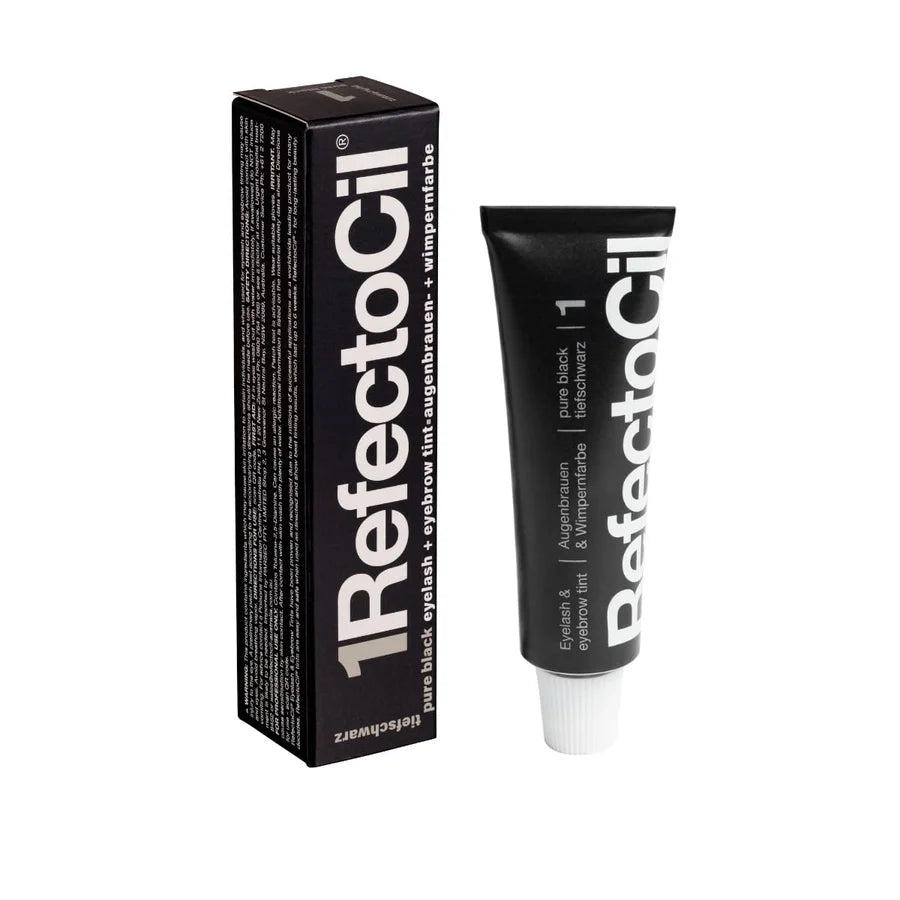 A black tube and matching box of 1RefectoSil pure black eyebrow tint on a clean white background.