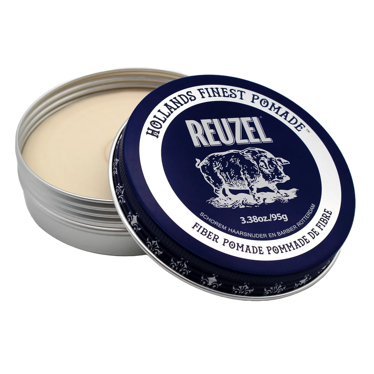 Reuzel pomade tin with open lid showing cream-colored pomade on a white background