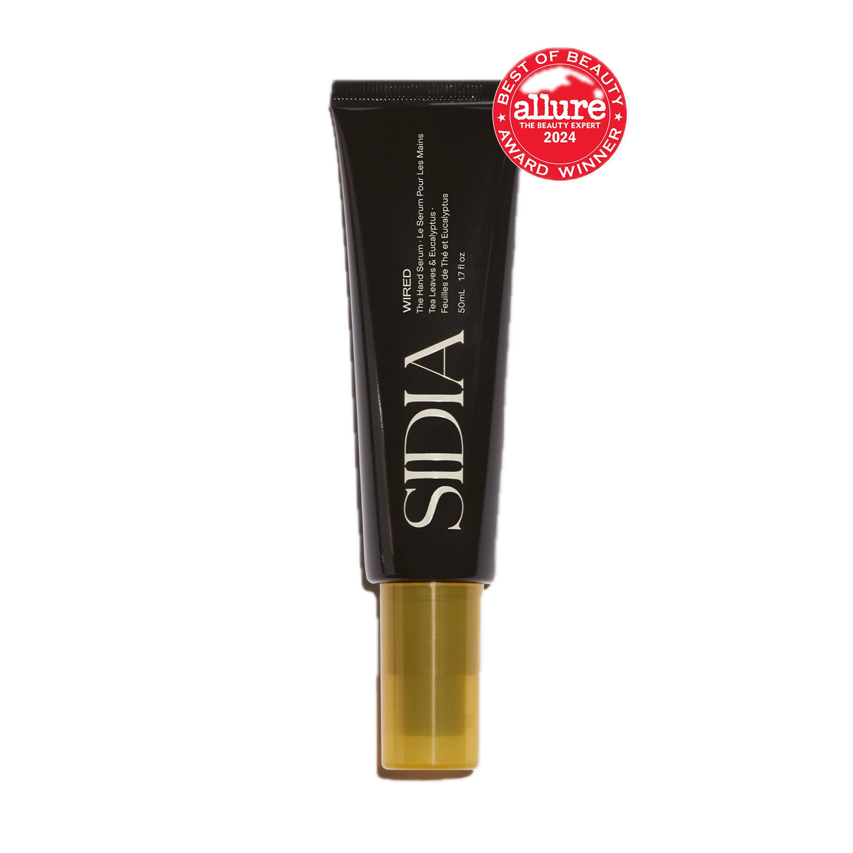 Sidia lip balm with gold cap on a white background, featuring Allure award badge.