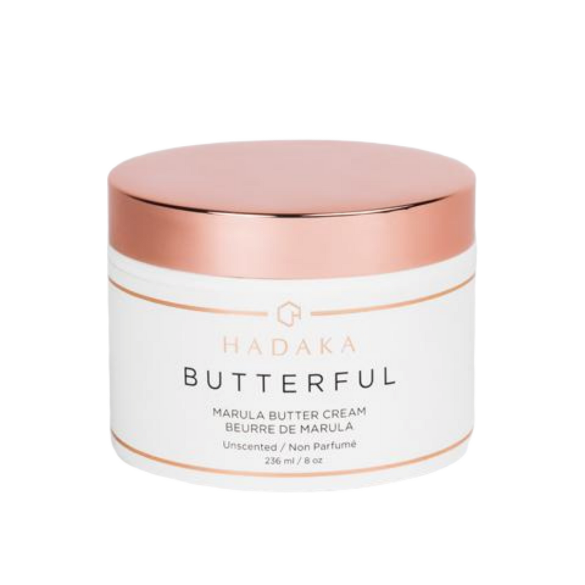 A jar of HADAKA. BUTTERFULL Marula Butter Cream with a pink lid.