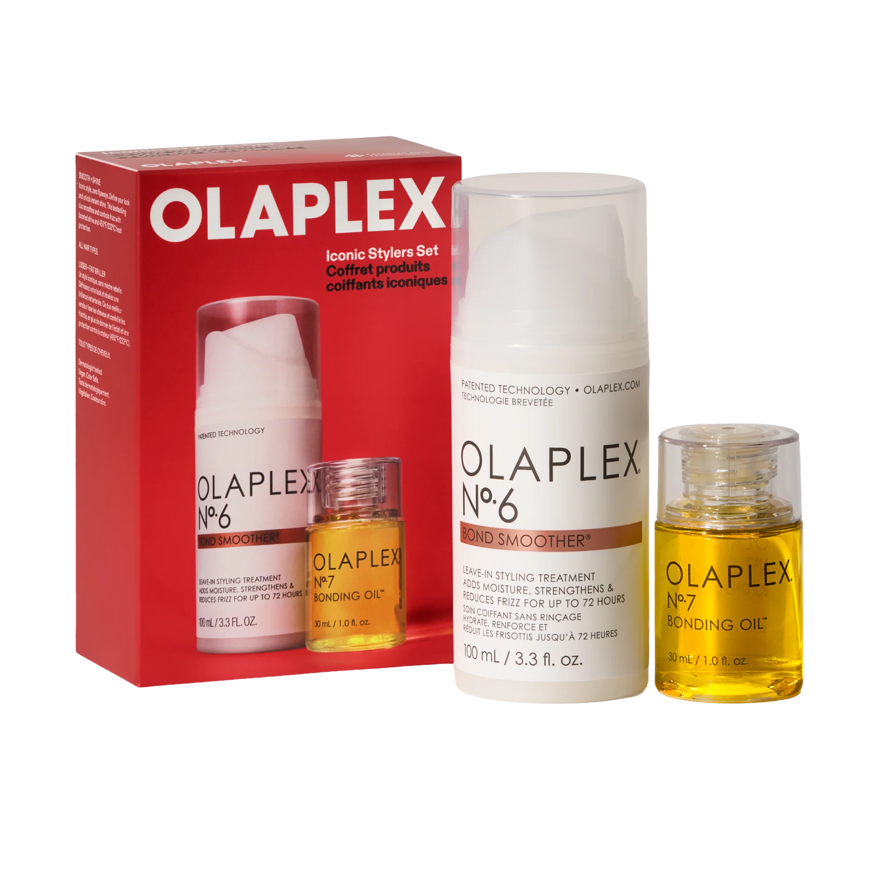 Olaplex Iconic Stylers Set featuring a red retail box, a white styling treatment bottle, and a clear bottle of golden bonding oil on a white background.