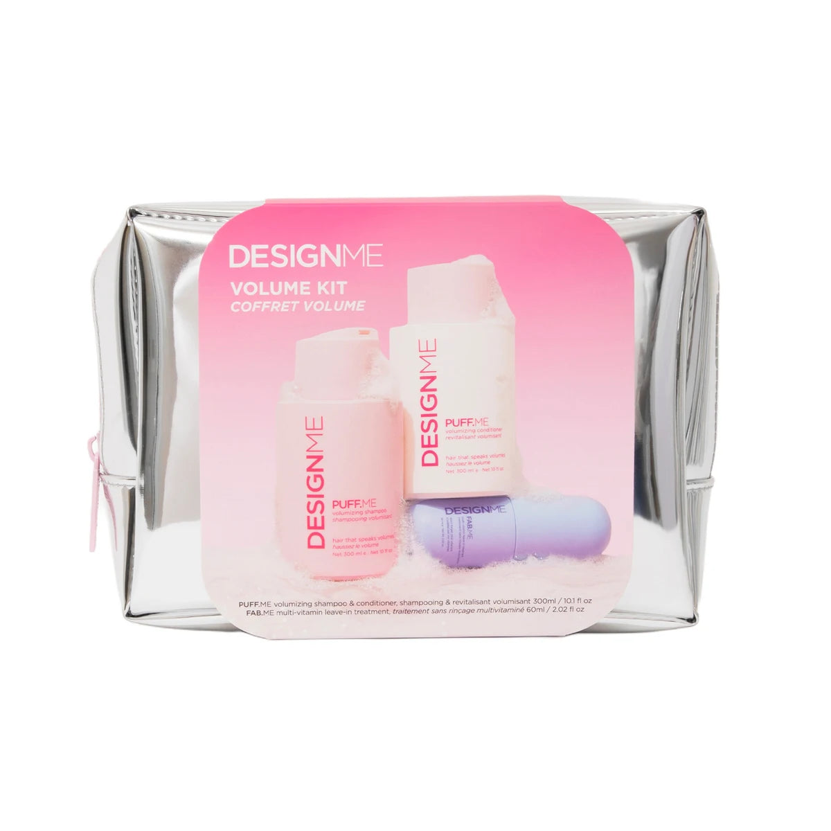 Designme Volume Kit in a silver zippered cosmetic pouch with a pink front label, showing the Puffy Volume and Puff+ treatment bottles.