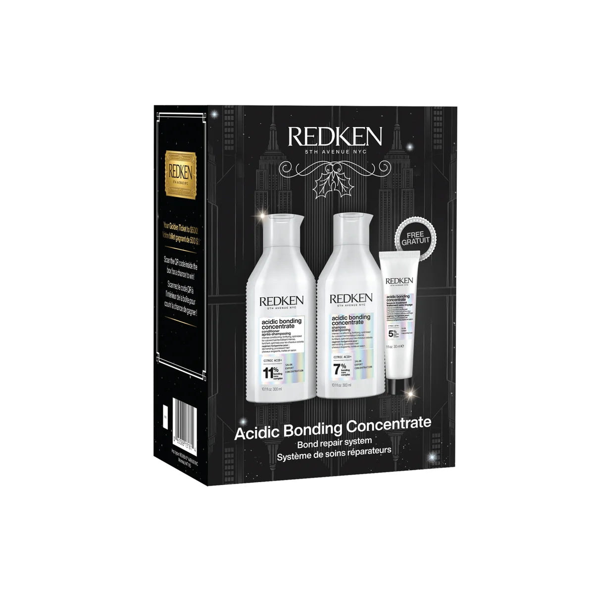 Redken Acidic Bonding Concentrate gift set in a black box, featuring three white bottles and a white tube of hair repair products.