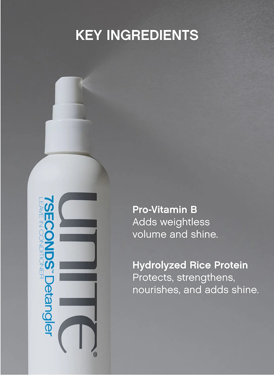 A white pump bottle labeled 7SECONDS Detangler Unite Key Ingredients, shown against a gray background with text describing Pro-Vitamin B and Hydrolyzed Rice Protein.
