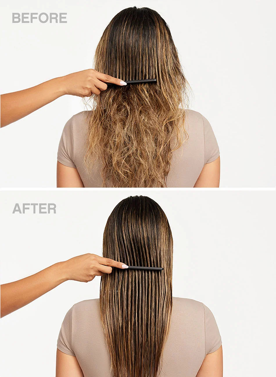 Before and after comparison of a woman's long brown hair, showing frizzy, wavy hair in the top panel labeled BEFORE, and smooth, straight, shiny hair in the bottom panel labeled AFTER.