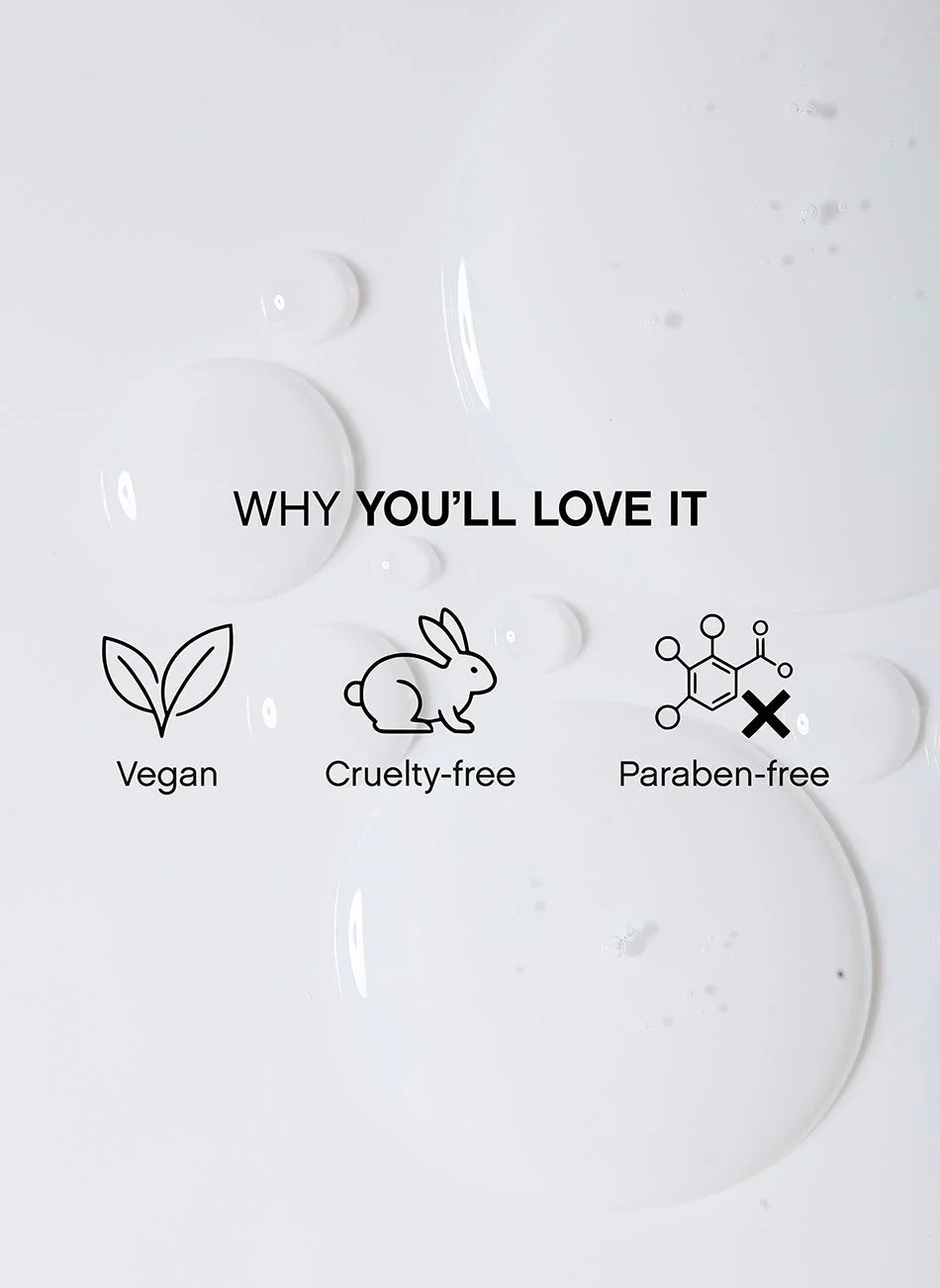 White cosmetic texture background with text reading 'WHY YOU'LL LOVE IT' and icons labeled Vegan, Cruelty-free, and Paraben-free.