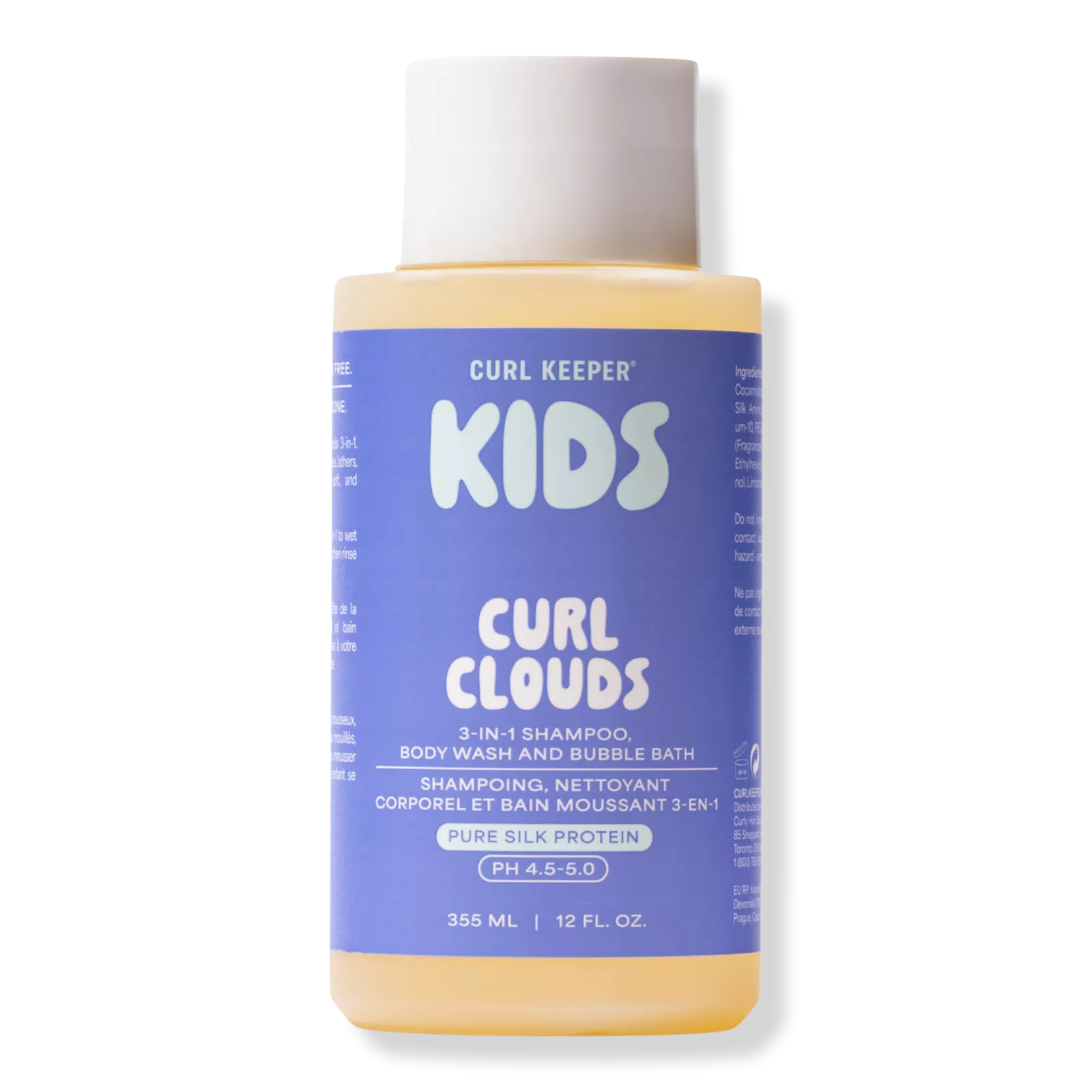 A bottle of Curl Keeper Kids Curl Clouds 3-in-1 shampoo, body wash, and bubble bath. The product features a light purple label with white text and a white cap, containing a pale yellow liquid, shown against a plain white background.