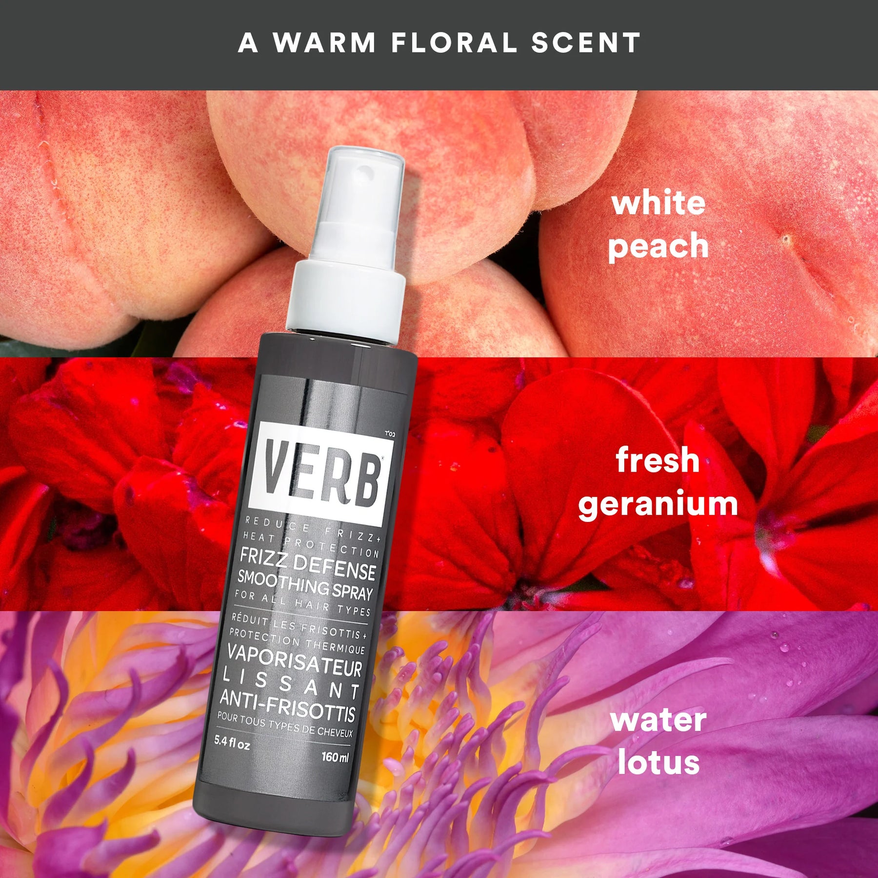 Verb hair product spray bottle with floral background and product names.