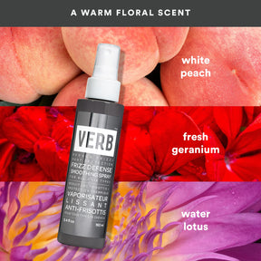 Verb hair product spray bottle with floral background and product names.