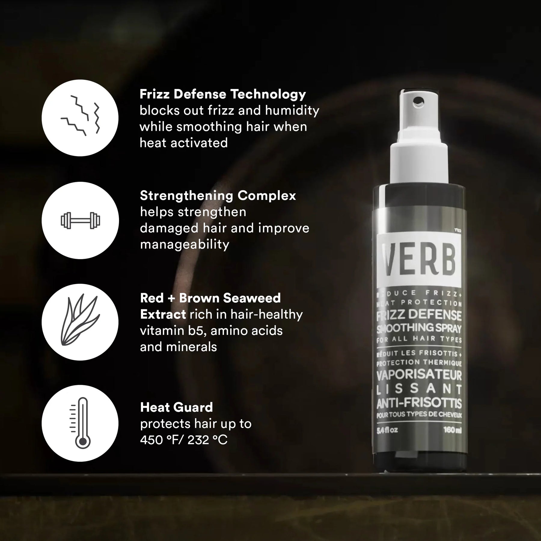 Verb hair product with features listed on a dark background