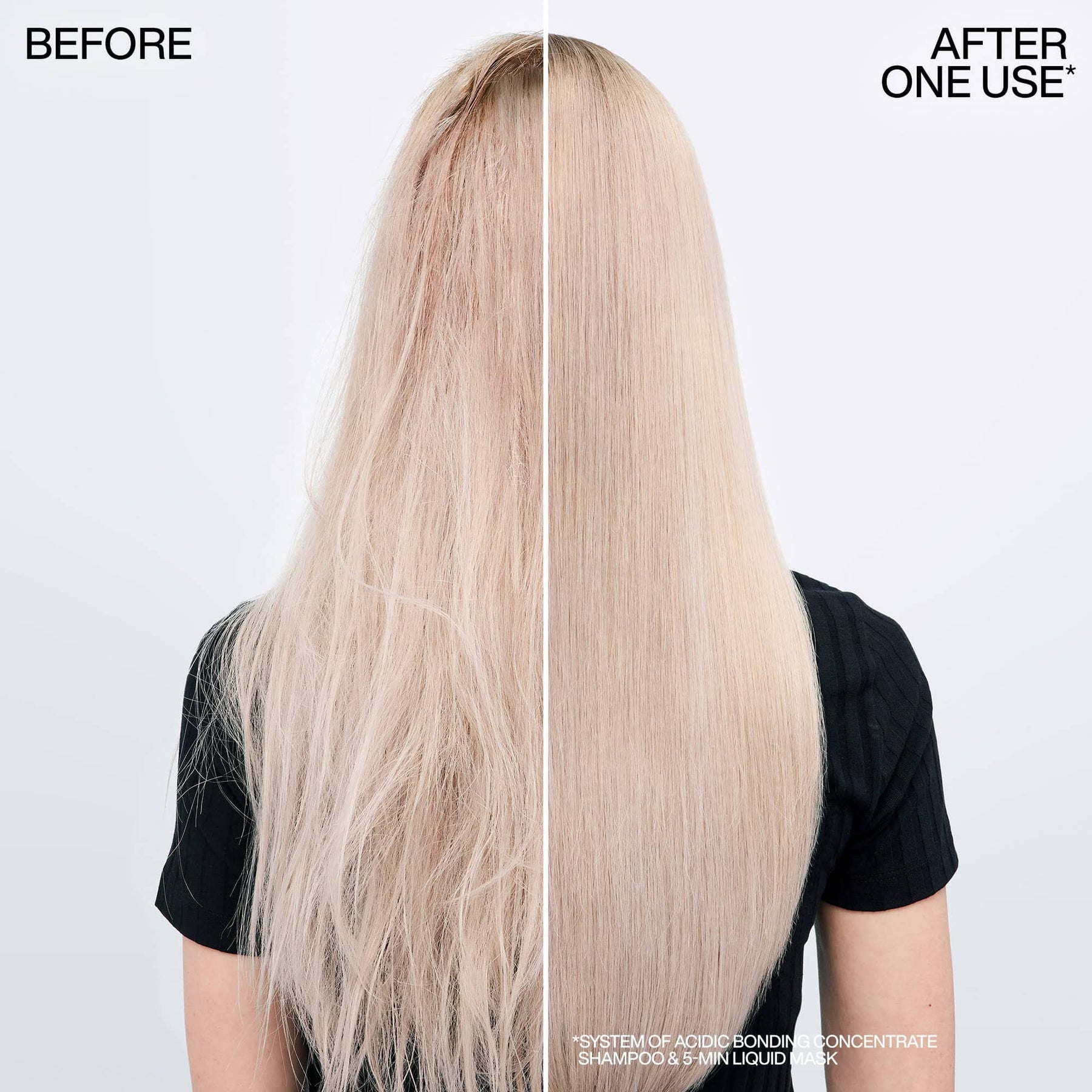 Before and after comparison of hair color treatment showing a person with blonde hair on a plain background.