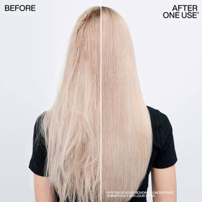 Before and after comparison of hair color treatment showing a person with blonde hair on a plain background.