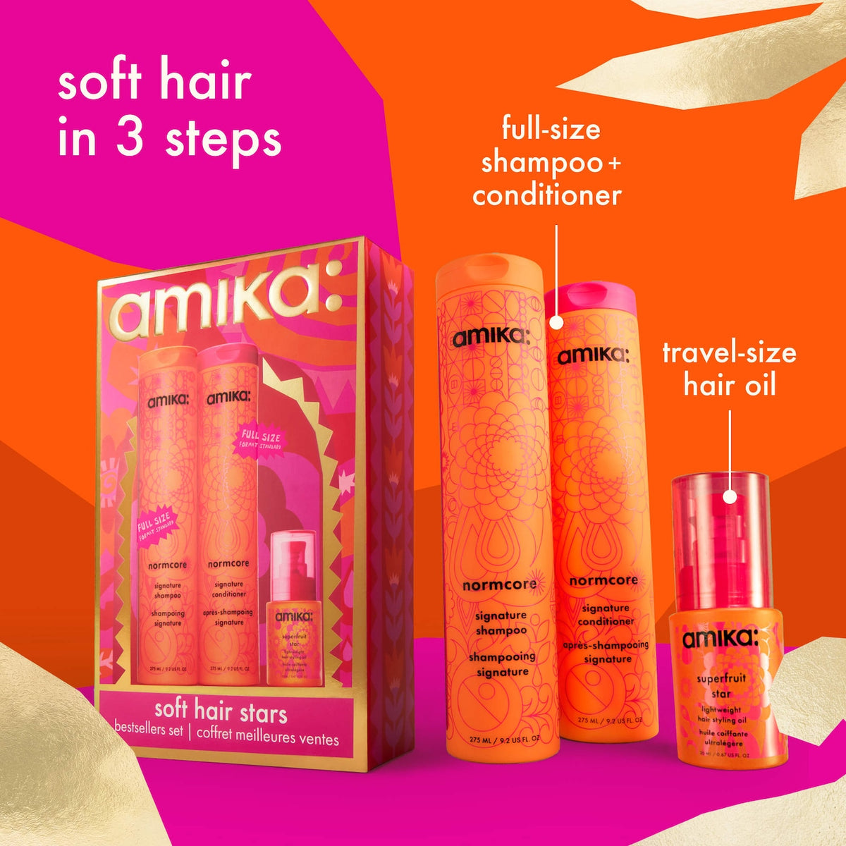 amika Normcore Soft Hair Kit – Shampoo, Conditioner & Superfruit Star Hair Oil