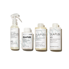 Set of Olaplex hair care products on a white background