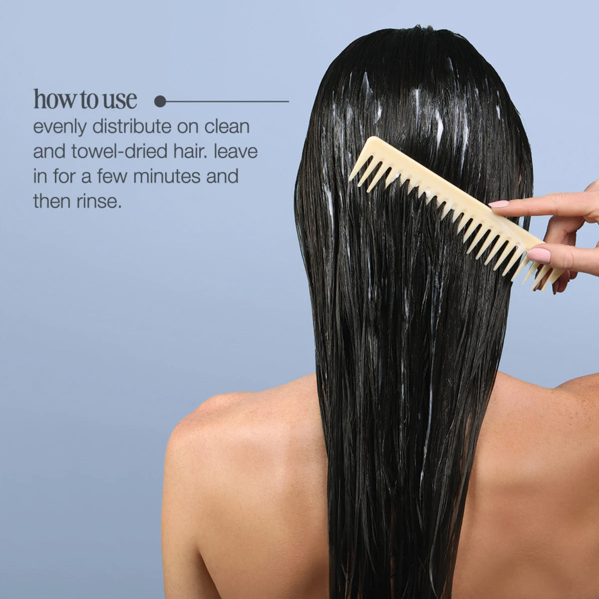 Person with long hair being combed, with text on how to use a product.