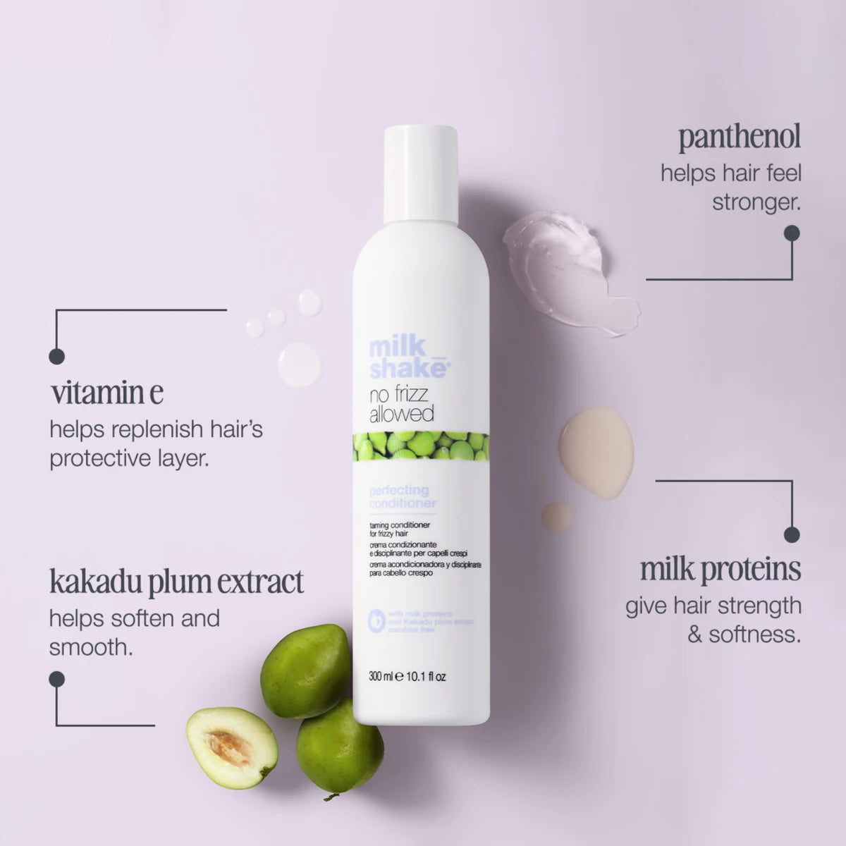 Milk Shake No Frizz Allowed conditioner bottle with ingredients listed on a light purple background