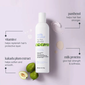 Milk Shake No Frizz Allowed conditioner bottle with ingredients listed on a light purple background