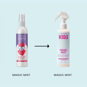 Two bottles of Kinder Curls Kids Magic Mist hair product shown on a light blue background, with an arrow pointing from the left bottle to the right bottle. The left bottle is labeled Magic Mist Detangler and is white with a purple label and pink hair graphic.