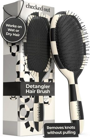 Detangler hair brush with packaging displaying text about its use on wet or dry hair.